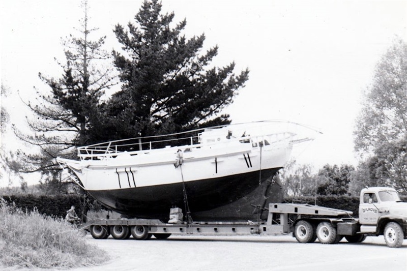 Transporting ARIANA to slipway for launch, Kaiapoi