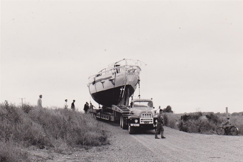 Transporting ARIANA to slipway for launch, Kaiapoi