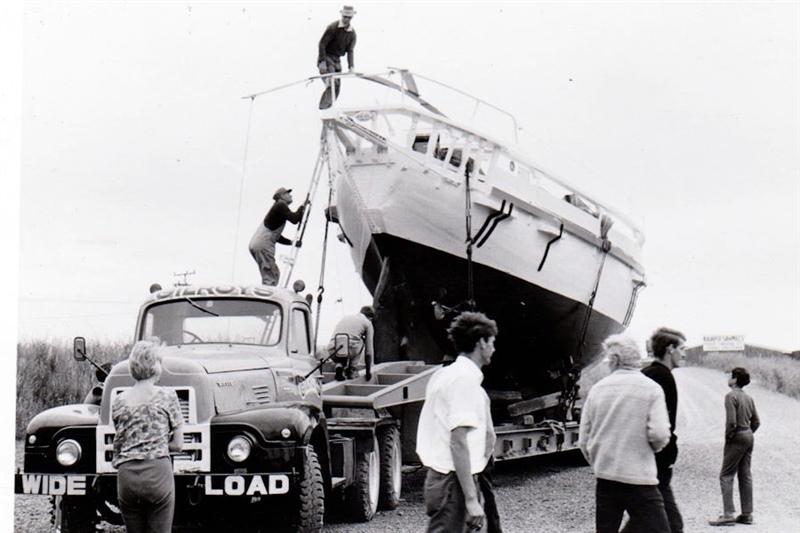 Transporting ARIANA to slipway for launch, Kaiapoi