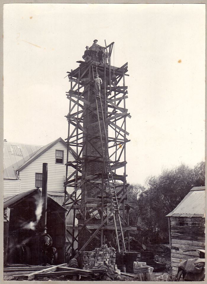 Frank Ayers at top of Waikuku Twine Mill