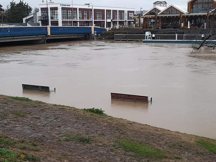 Flooding in Kaiapoi River, Kaiapoi Bridge, Kaiapoi, c.2021