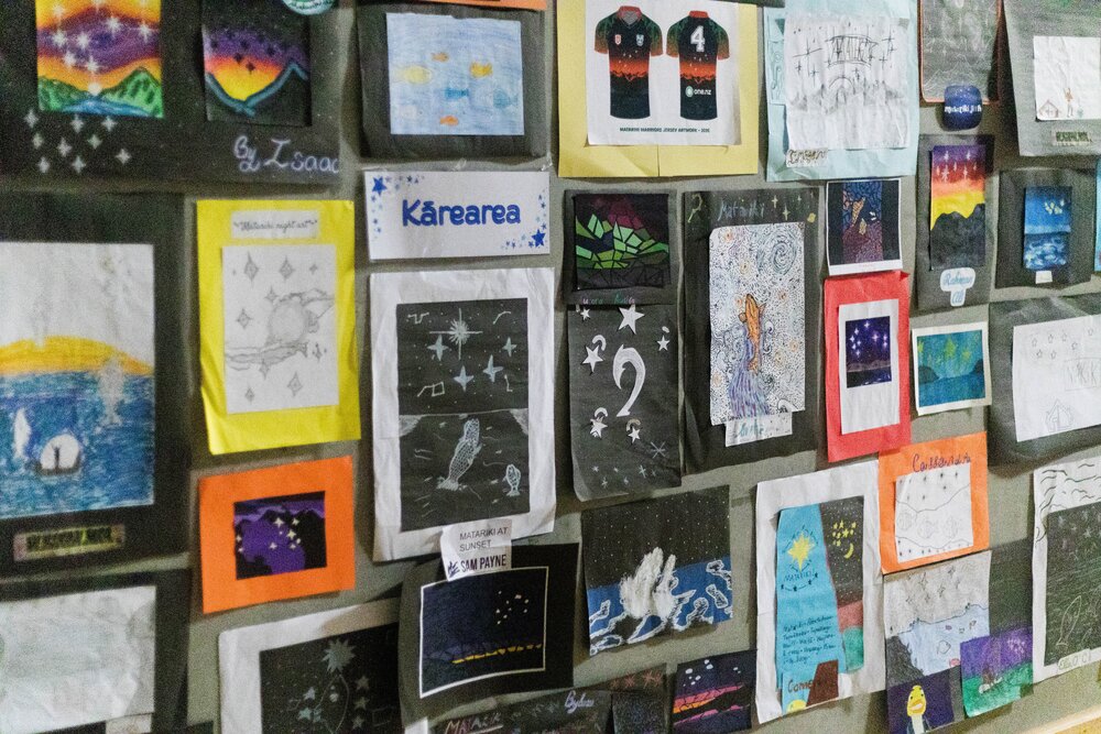 Artwork by Ōhoka School students displayed at the School's Matariki breakfast, 2 July 2026