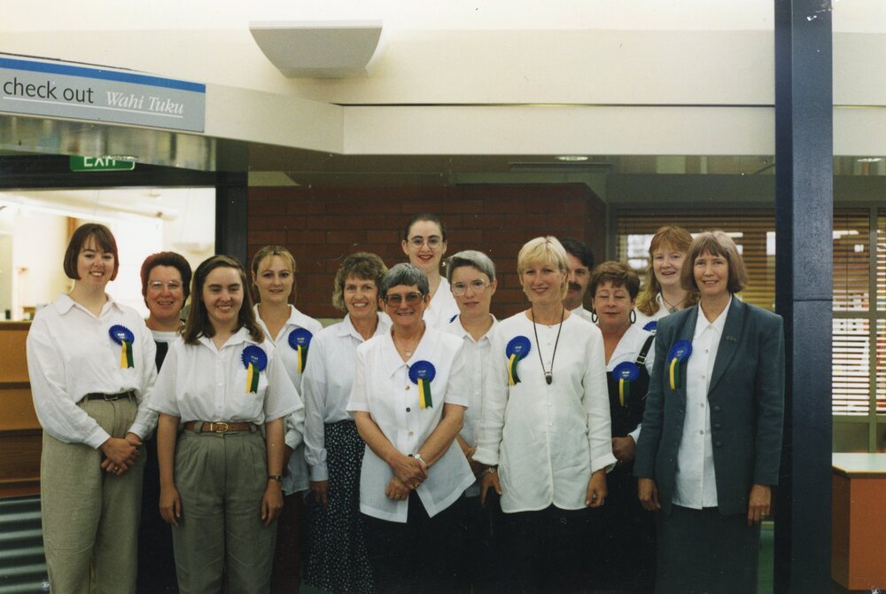 Staff on opening day of the Trevor Inch Memorial Library, December 21 1996