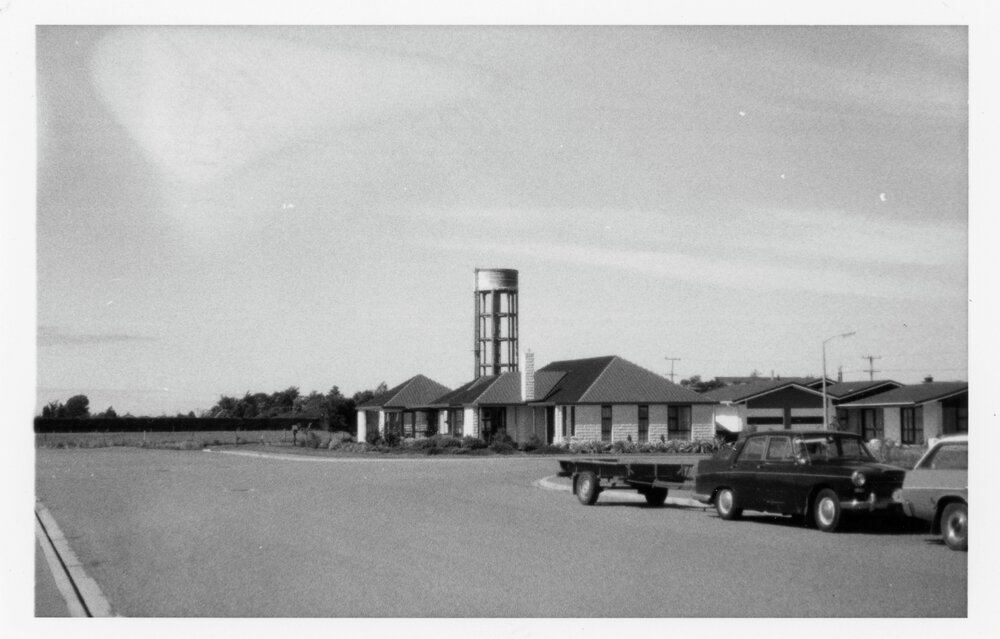 Rangiora water tower as seen from Kingsbury Avenue, 1985