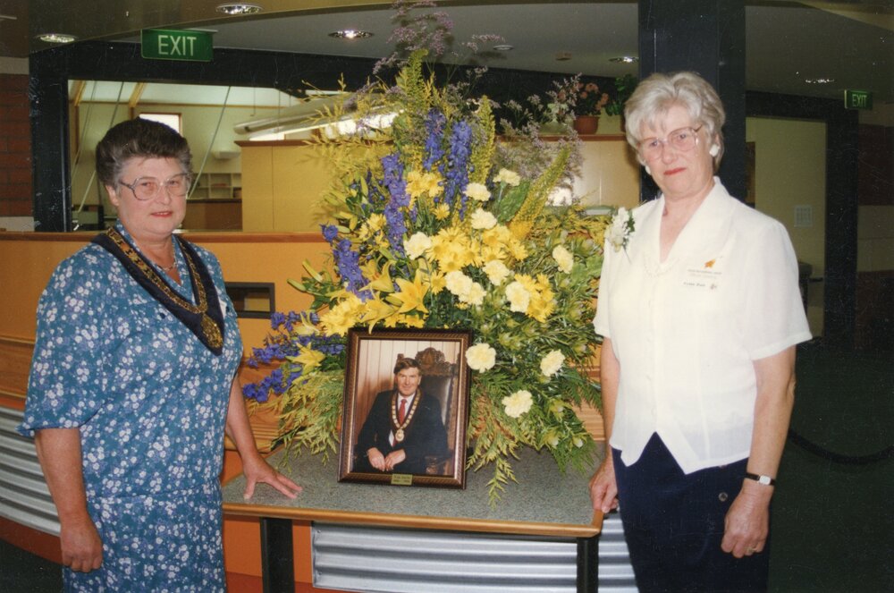 Waimakariri District Mayor Janice Skurr, and Aileen Inch, on opening day of Trevor Inch Memorial Library, 21 December 1996