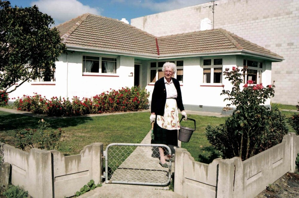 Dulcie Sinclair in her garden - Rangiora