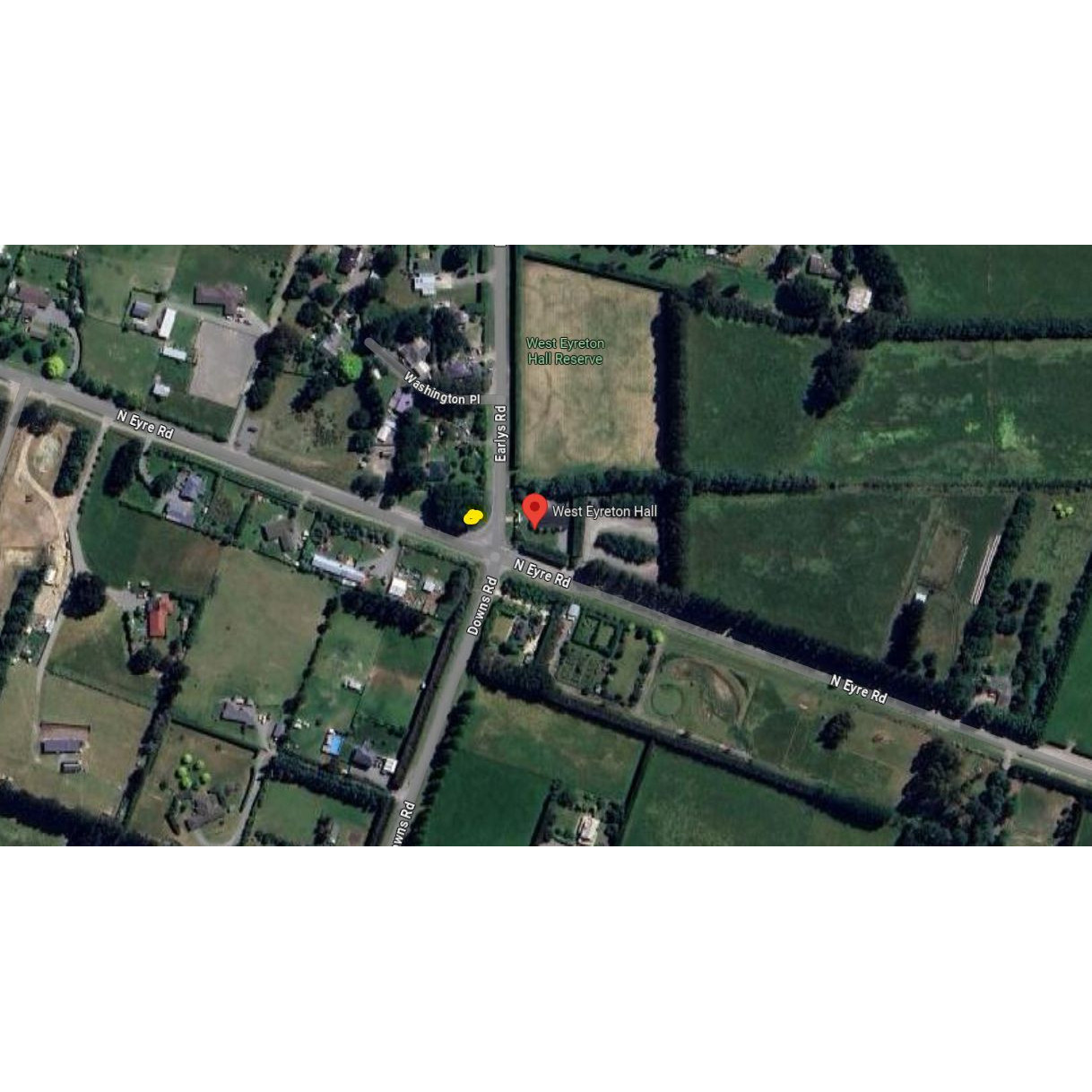 Aerial view of intersection of North Eyre Road, Downs Road and Earlys Road, West Eyreton