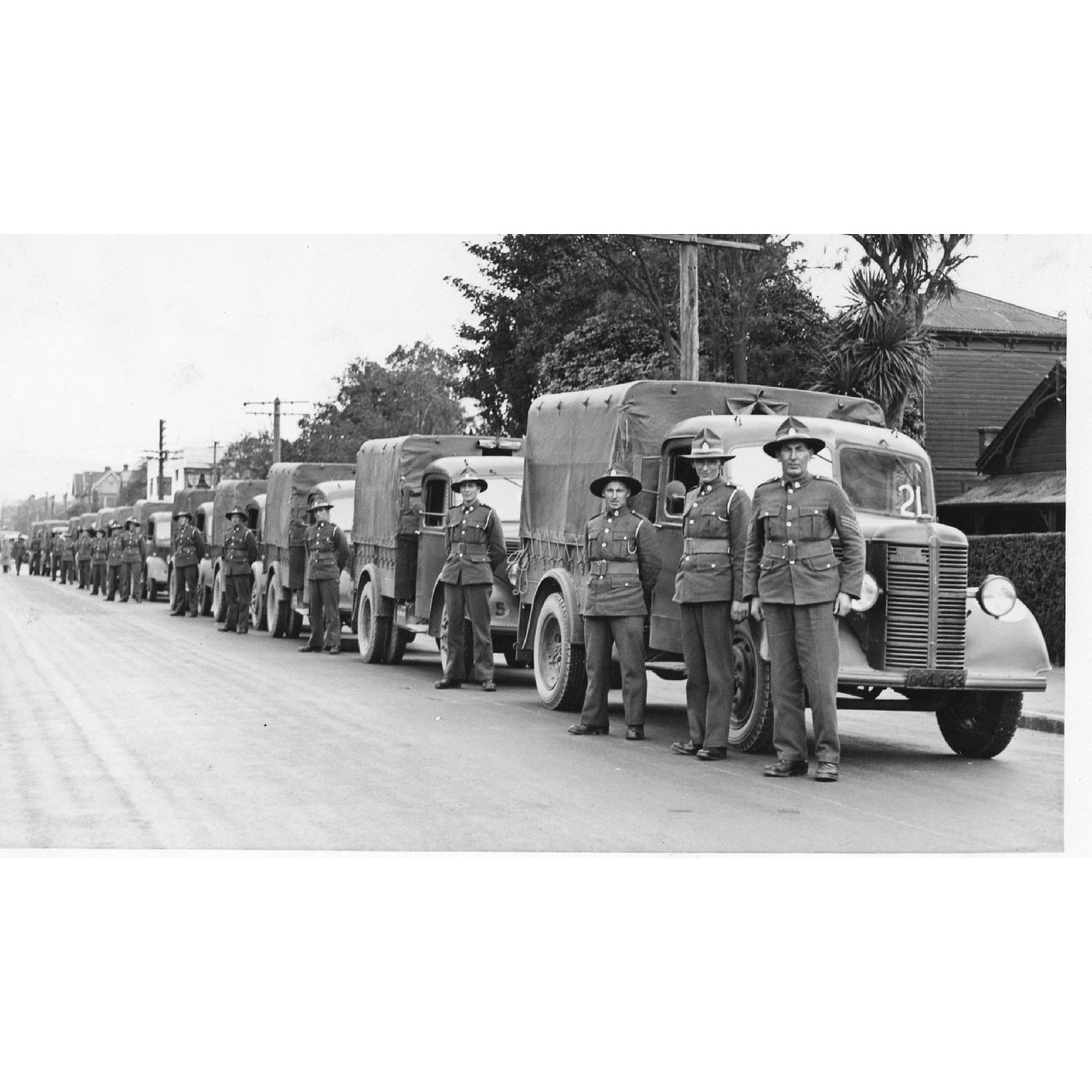 Terrtitorials leaving for camp. Lorries lined up before the departure for Rangiora