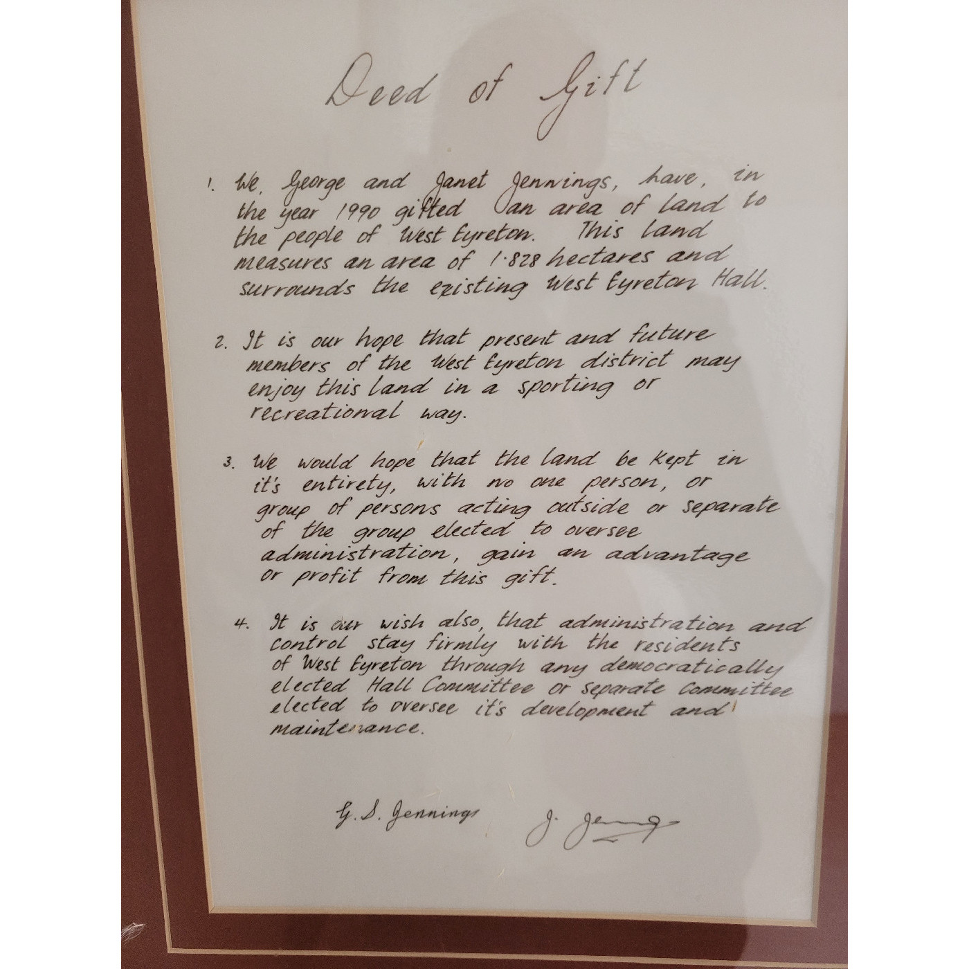 West Eyreton Hall Deed of Gift, c.1990