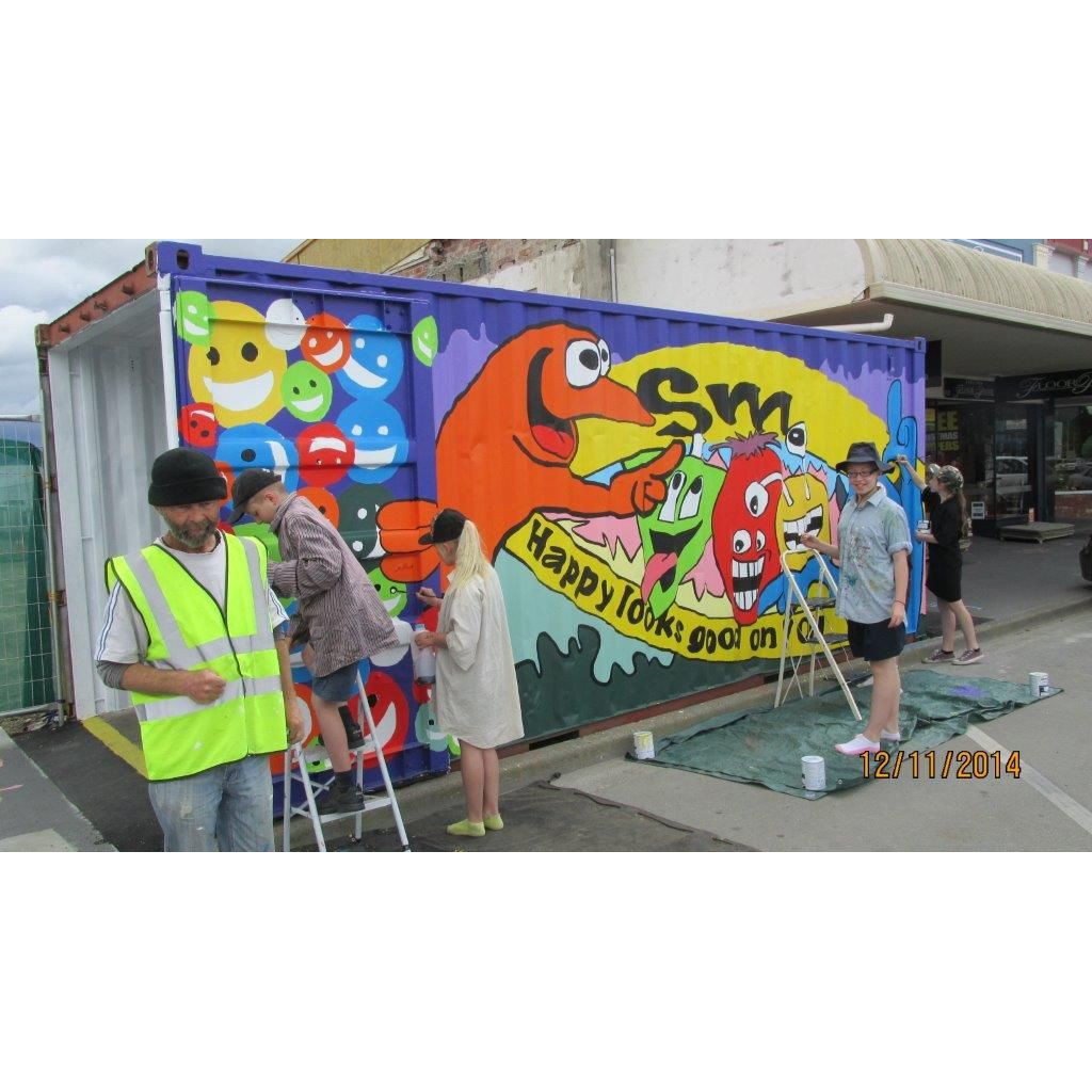 A container decorated by Rangiora Borough School students, High Street Rangiora, 2014
