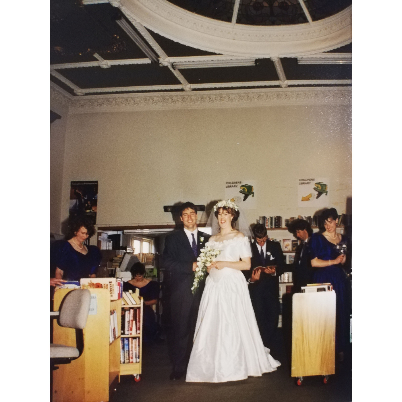 Sally and Mark O'Connell's wedding photo inside the Rangiora Library 27 November 1993