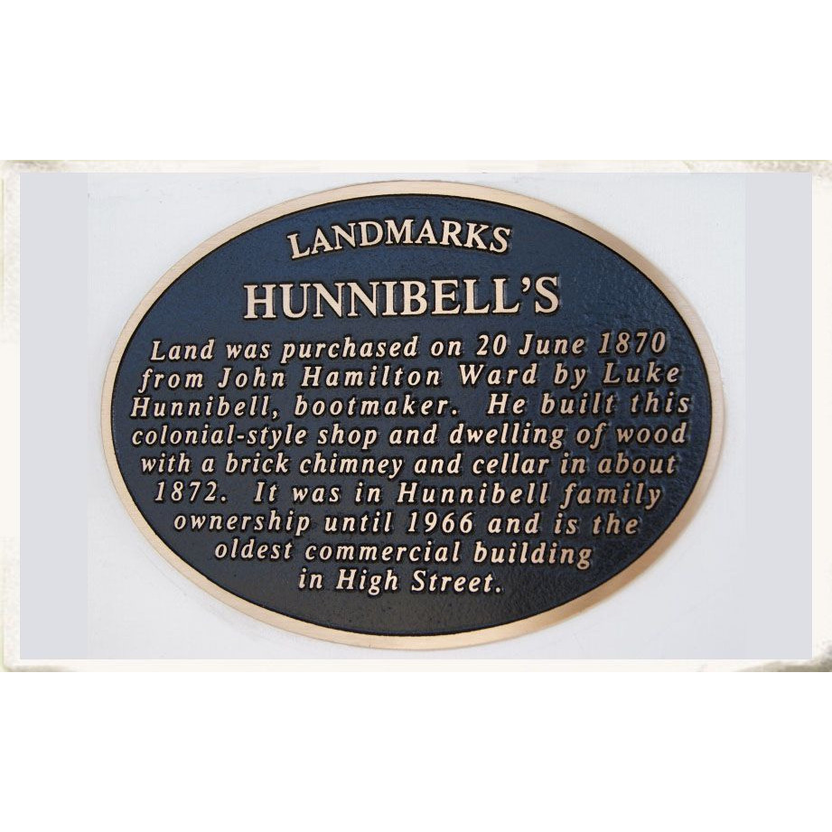 Landmarks plaque for Hunnibell's building, High Street, Rangiora