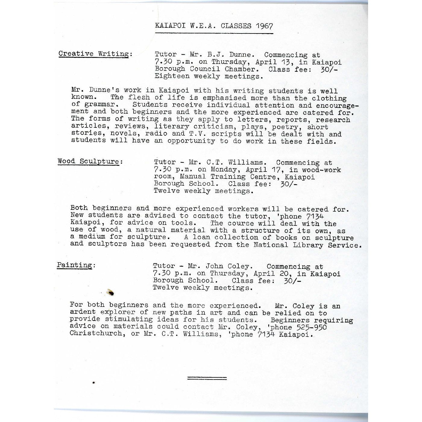 Kaiapoi W.E.A. Classes, 1967