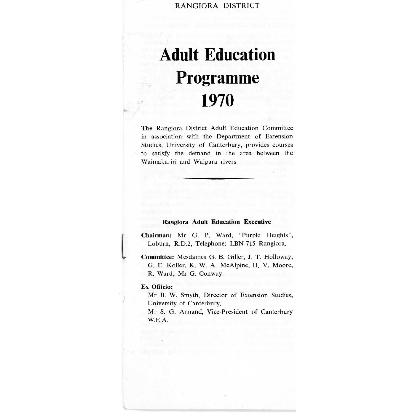 Rangiora District Adult Education Programme, 1970
