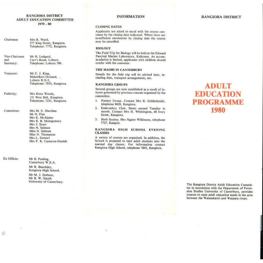 Rangiora DIstrict Adult Education Programme, 1980