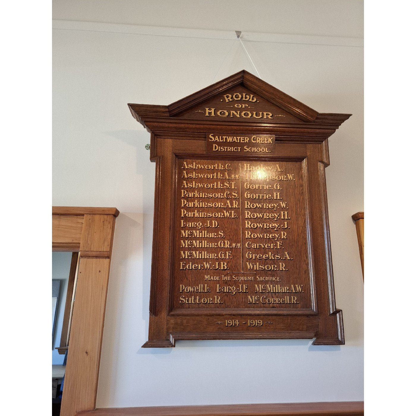 Saltwater Creek District School honours board, Kowai Archives, Balcairn
