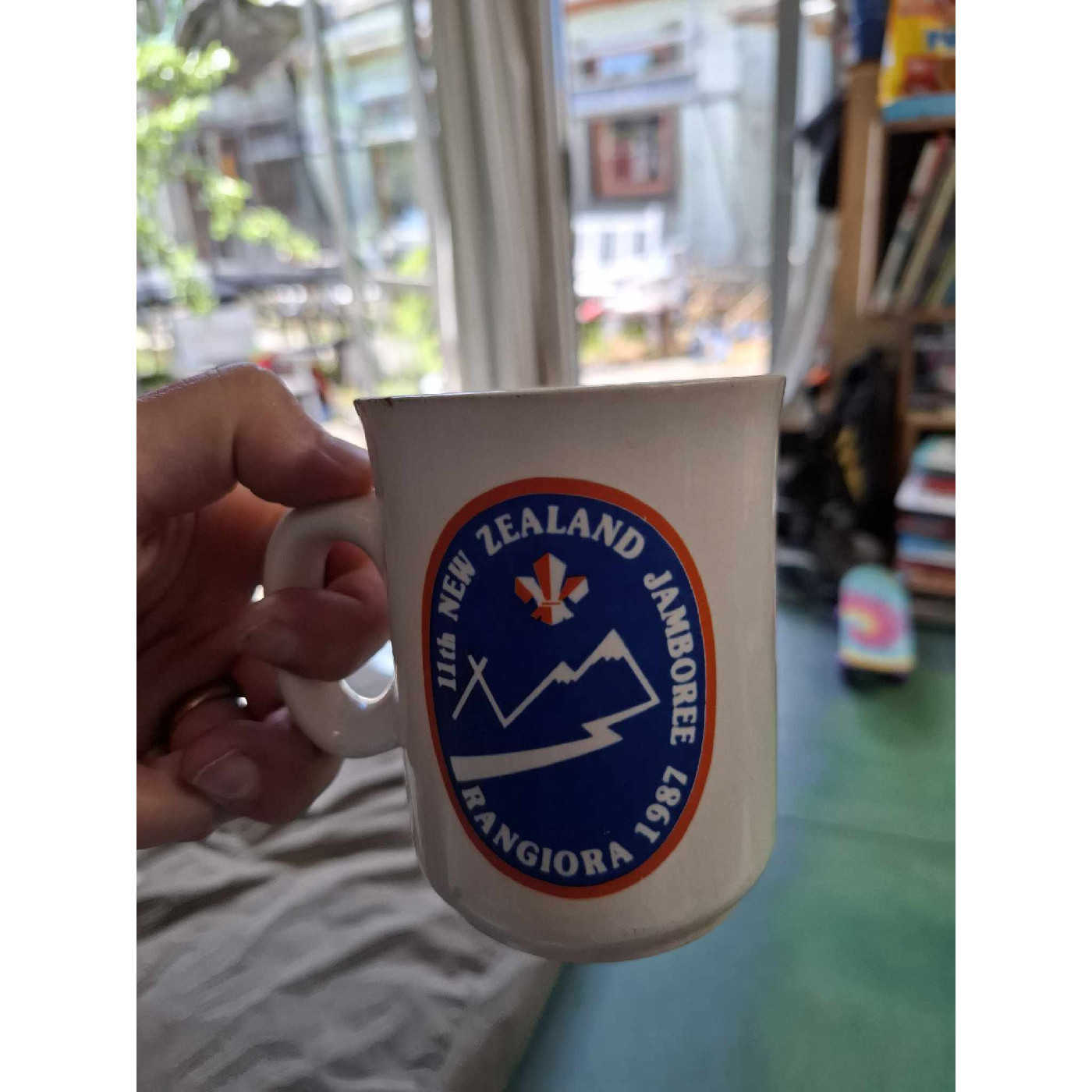 A commemorative mug from the 11th New Zealand Scout Jamboree, Rangiora, 1987