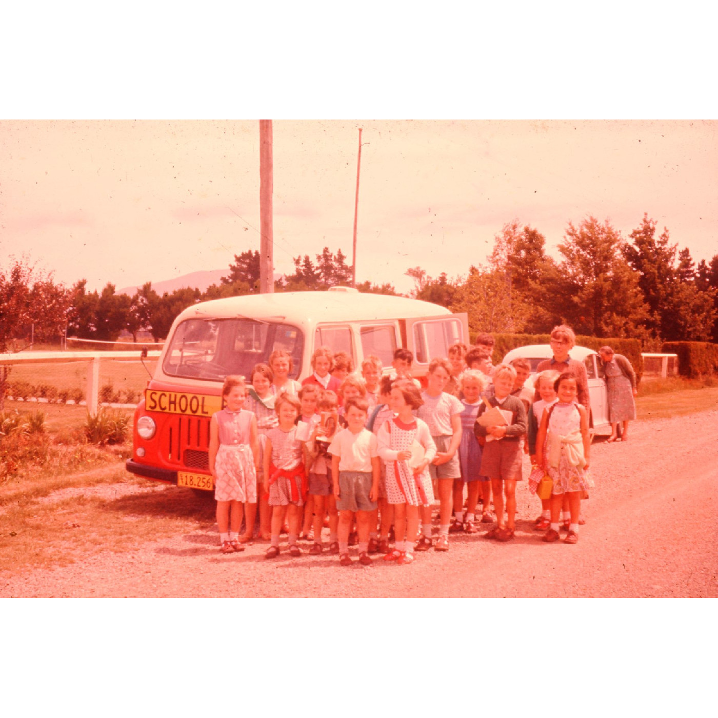 North Loburn School bus and students, 1950s