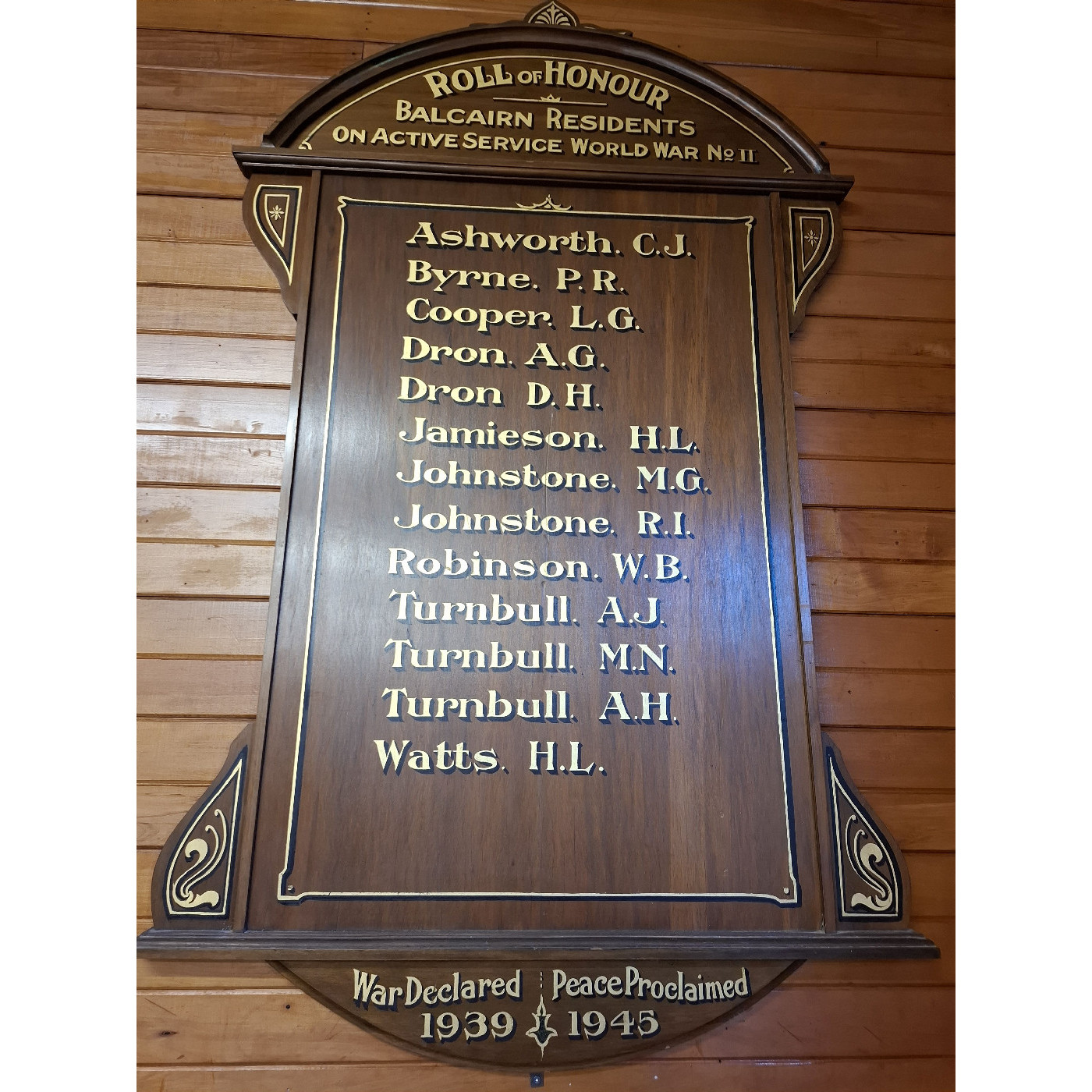 World War II Roll of Honour board, Balcairn Hall