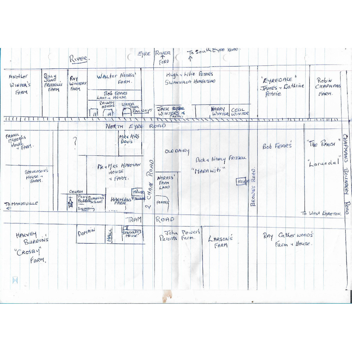 Hand drawn map of Swannanoa showing location of farms and families, 1940s to 1960s