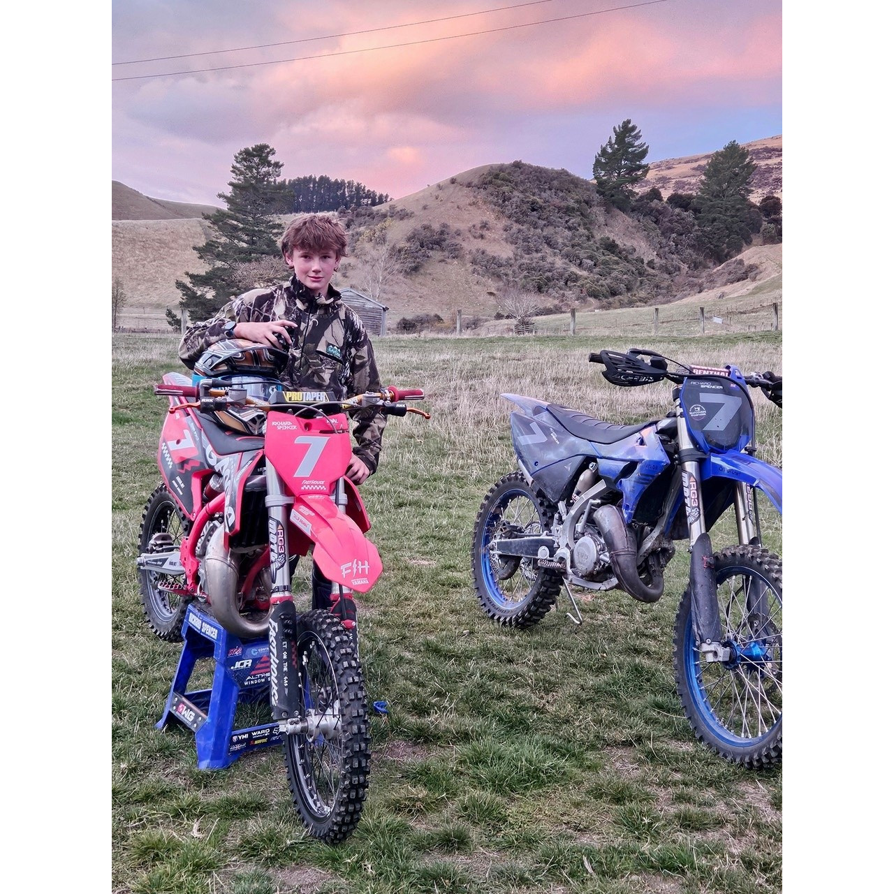 Richard Spencer, Honorary Human of Waimakariri, Cheviot Area School pupil Richard Spencer, aged 14, with his Yamaha motocross bikes at his parents' sheep and beef farm in the Ethelton Valley, near Cheviot, 2024