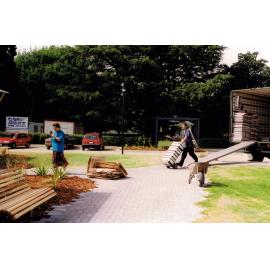 Books getting moved into the newly built Trevor Inch Memorial Library, 4 December 1996
