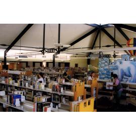 Stocking shelves in the newly-built Trevor Inch Memorial Library, 4 December 1996