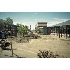 North-side view of Trevor Inch Memorial Library building main entrance in construction, c. 1996