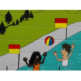 Safe Community mural swimming between the flags - Kaiapoi Library 