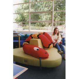 Librarian Julie Schofield in the children's area of the newly built Trevor Inch Memorial Library, 4 December 1996