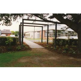 West-side view of the Trevor Inch Memorial Library from neighbouring Victoria Park, 3 January 1997