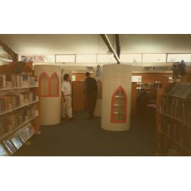 The children's castle in construction in the newly-built Trevor Inch Memorial Library, c. December 1996