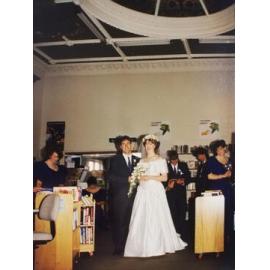 Wedding celebration of librarians Sally and Mark O'Connell in the Rangiora Public Library, 27 November 1993