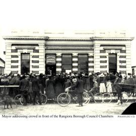 Mayor addressing crowd in front of the Rangiora Borough Council Chambers 