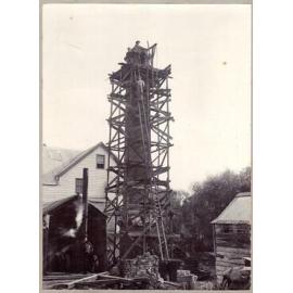 Frank Ayers at top of Waikuku Twine Mill