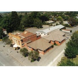 Aerial view of Rangiora Public Library, Rangiora police Station and Council sheds