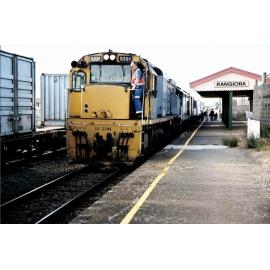 Transrail Coastal Pacific express arrives at Rangiora Station, 2000