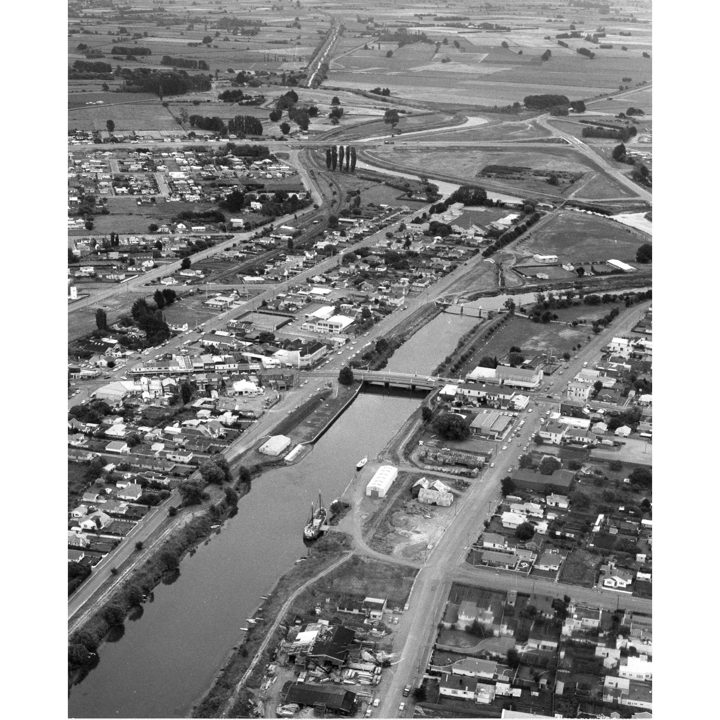An aerial view of the centre of Kaiapoi, 1970