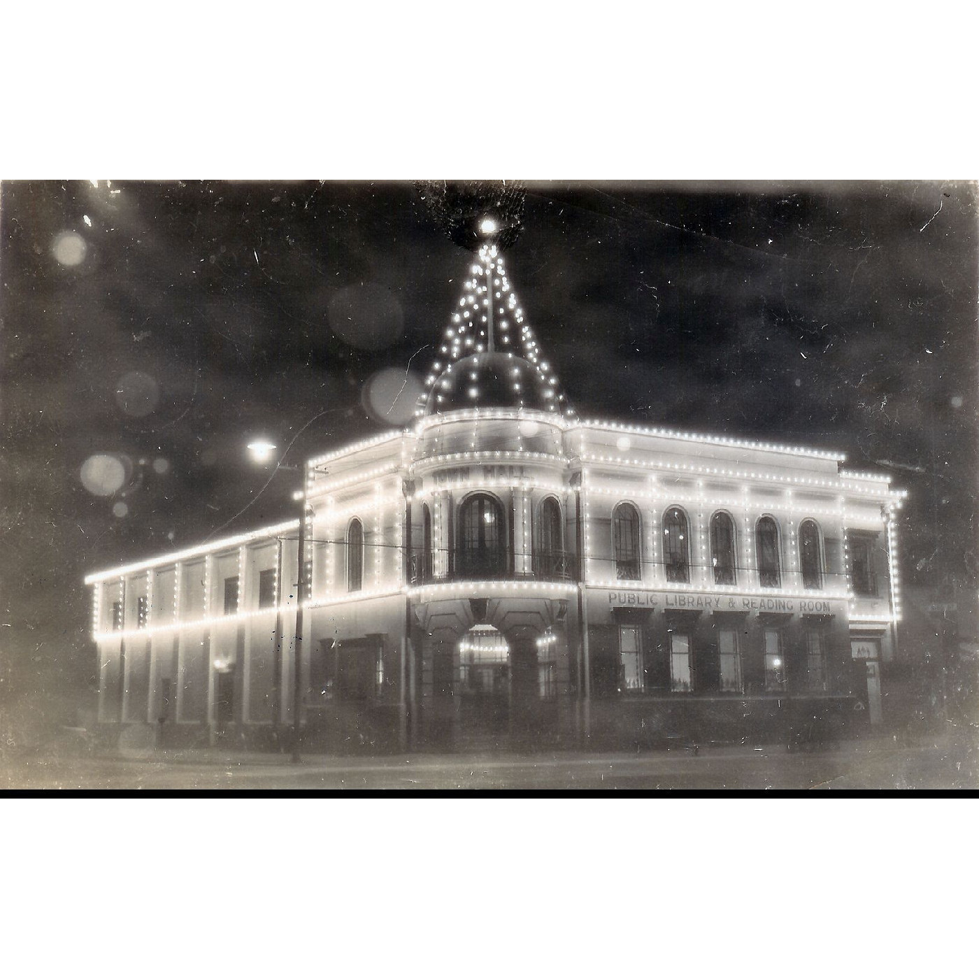 Rangiora Town Hall illuminated for celebrations, c. 1950