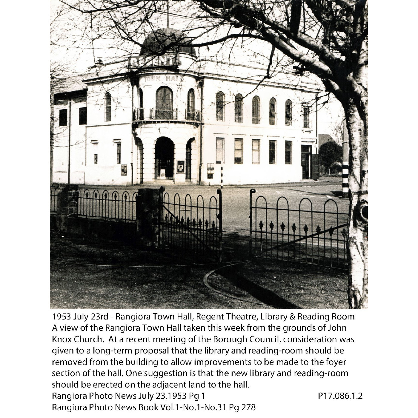 Rangiora Town Hall, Regent Theatre, and Library & Reading Room, c. 1953