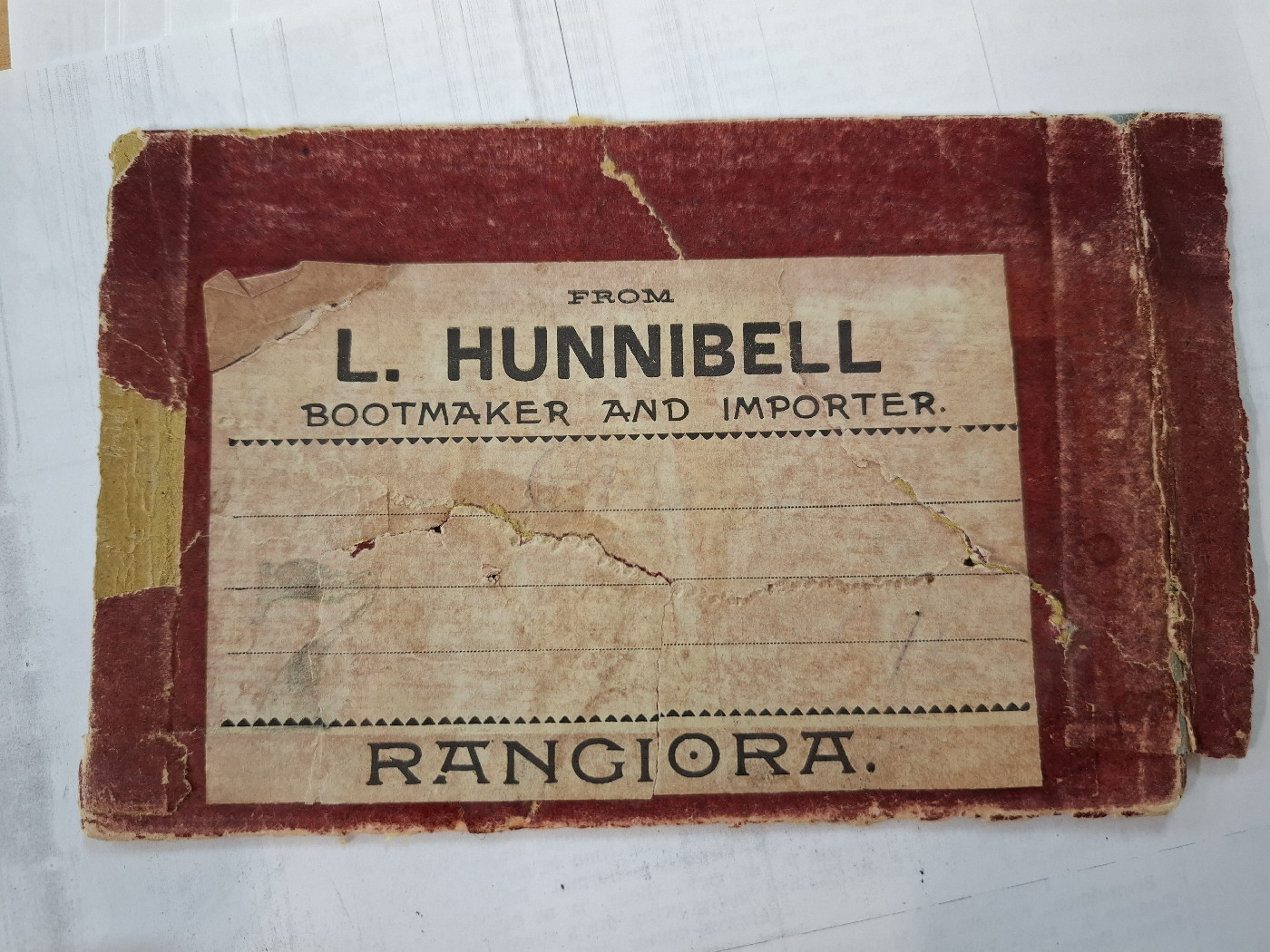 Box label from L. Hunnibell bootmaker and importer | Waimakariri Heritage
